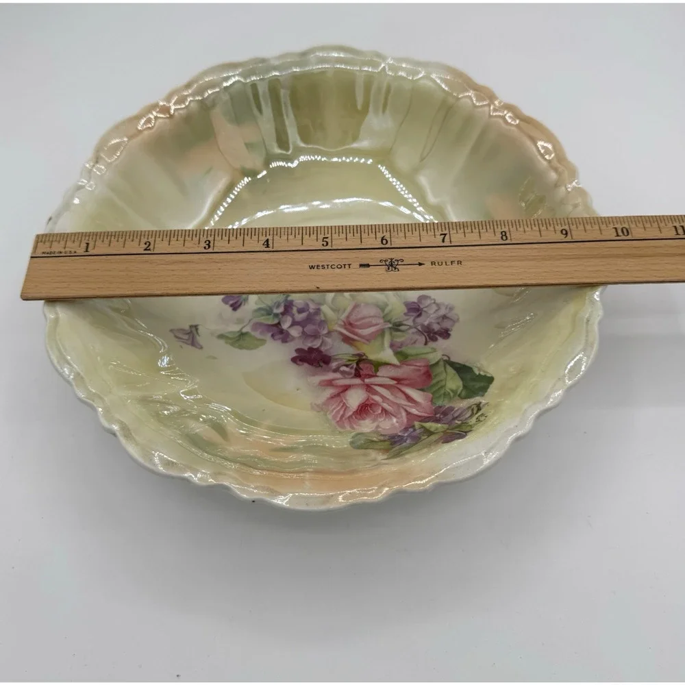 Vtg German Lusterware Porcelain Serving Bowl Yellow Cabbage Rose Grannycore‎